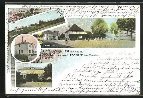 AK Uhyst am Taucher, Molkerei, Schule, Marktplatz