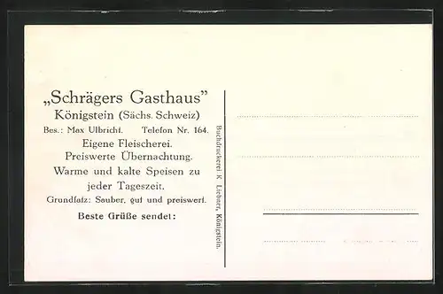 AK Königstein /Sächs. Schweiz, Schrägers Gasthaus von Max Ulbricht