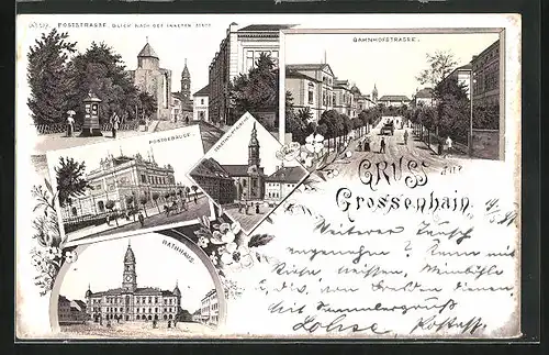 Lithographie Grossenhain, Bahnhofstrasse, Poststrasse, Stadthauptkirche