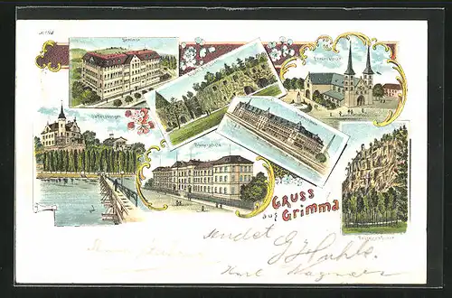 Lithographie Grimma, Seminar, Fürstenschule, Gattersburgen