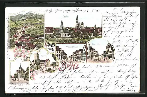 Lithographie Bühl, Hauptstrasse, Friedhofskapelle, Oberstadt