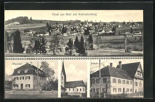 AK Rott, Schule, Pfarrhof, Ortsansicht mit Kalvarienberg