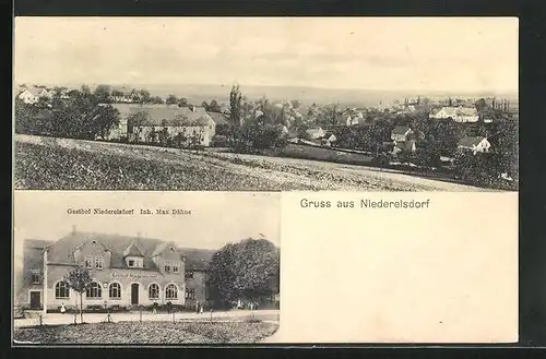 AK Niederelsdorf, Gasthof von Max Dähne, Ortsansicht