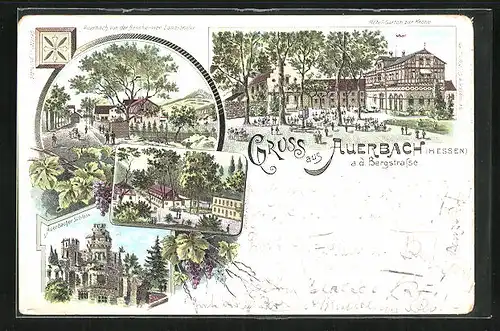 Lithographie Auerbach /Hessen, Hotel-Garten zur Krone, Bensheimer Landstrasse