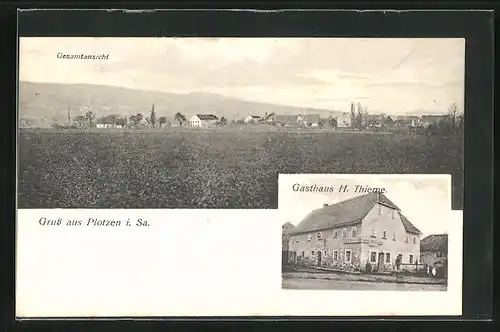 AK Plotzen i. Sa., Gasthaus H. Thieme, Ortsansicht