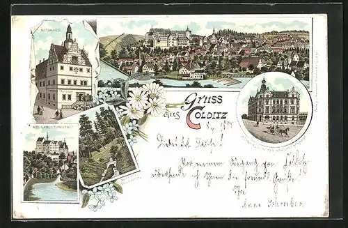 Lithographie Colditz, Rathaus mit Gasthof Rathskeller, Wohnhaus in der Bahnhofstrasse