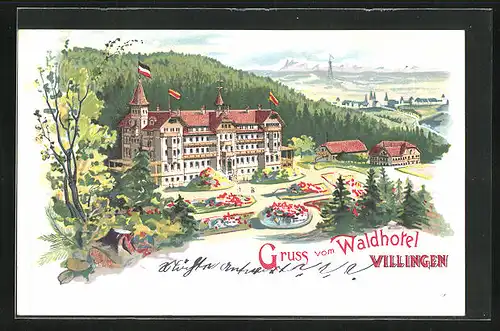Lithographie Villingen, Totalansicht vom Waldhotel