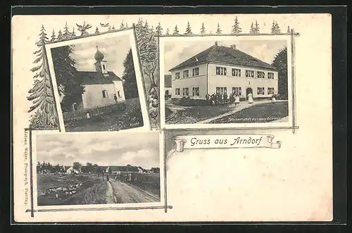 AK Arndorf / Otzing, Gasthaus Tafernwirtschaft Ludwig Ostermeier, Kirche