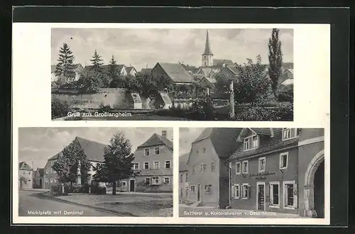 AK Grosslangheim, Sattlerei und Kolonialwaren von Otto Nicola, Marktplatz mit Denkmal