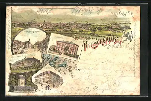 Lithographie Hildburghausen, Gymnasium, Technikum, Marktplatz mit Rathaus