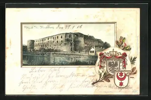 Passepartout-Lithographie Halle /Saale, Moritzburg, Stadt-Wappen