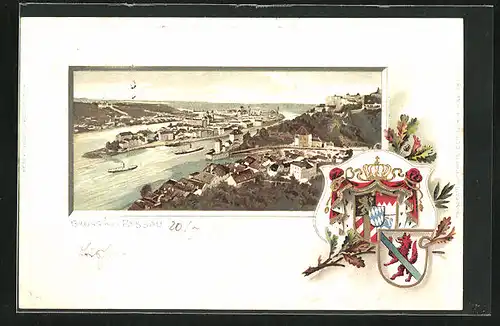 Passepartout-Lithographie Passau, Panoramablick auf die Stadt, Wappen