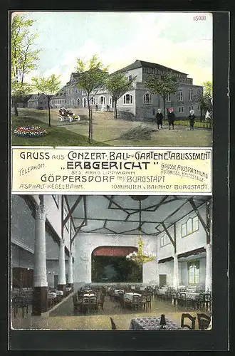 AK Göppersdorf b. Burgstädt, Gasthaus Erbgericht, Saal mit Bühne
