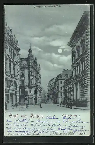 Mondschein-AK Leipzig, Blick in die Petersstrasse