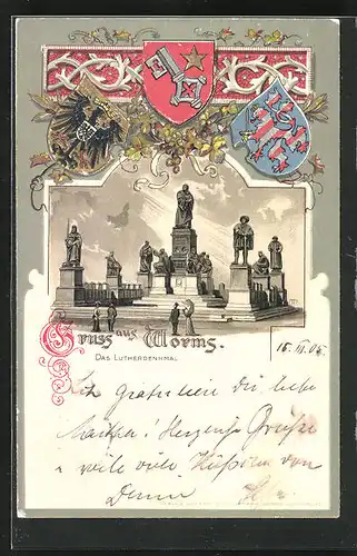 Passepartout-Lithographie Worms, Besucher vorm Lutherdenkmal, Wappen