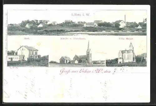 AK Löhne i. W., Amt, Villa Meyer, Kirche und Pfarrhaus