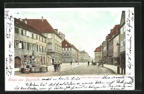 AK Bayreuth, Obere Max Strasse mit Geschäften und Brunnen