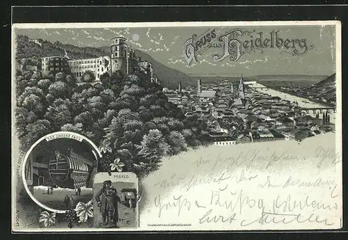 Mondschein-Lithographie Heidelberg, Teilansicht, Das grosse Fass, Perkeo