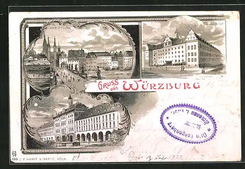 Lithographie Würzburg, Universität, Alte Brücke, Julius Spital