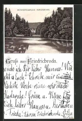 Lithographie Friedrichroda, Reinhardsbrunn Parkpartie