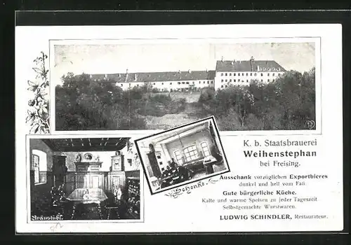 AK Freising, K. b. Staatsbrauerei Weihenstephan & Gasthaus, Innenansichten Bräustübl, und Schenke