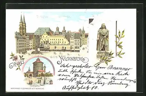Lithographie Nürnberg, Marktplatz mit Sebalduskirche, Denkmal Albrecht Dürers, Ludwigstor