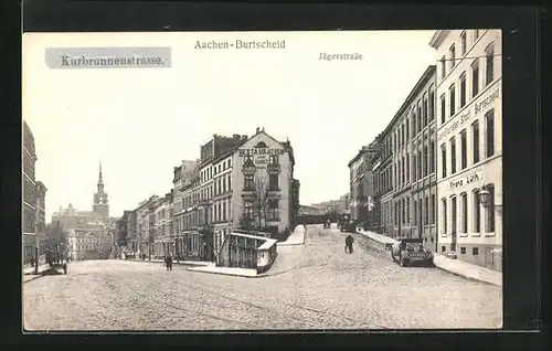 AK Aachen-Burtscheid, Kurbrunnenstrasse und Jägerstrasse mit Restaurant und Geschäften