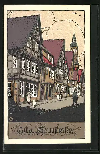 Steindruck-AK Celle, Neuestrasse mit Fachwerkhäusern