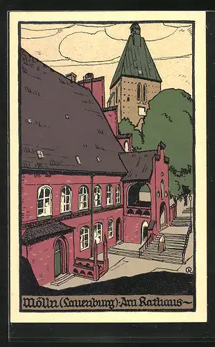Steindruck-AK Mölln /Lauenburg, Am Rathaus, Blick zur Kirche