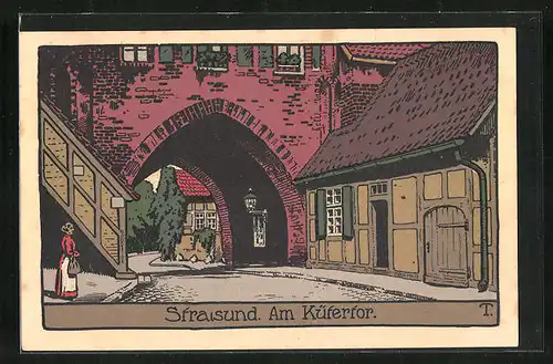 Steindruck-AK Stralsund, Strassenpartie am Kütertor