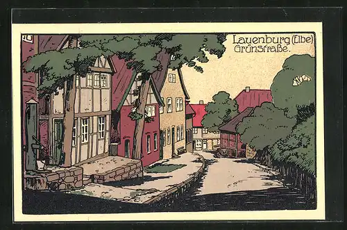 Steindruck-AK Lauenburg /Elbe, Grünstrasse mit alten Häusern
