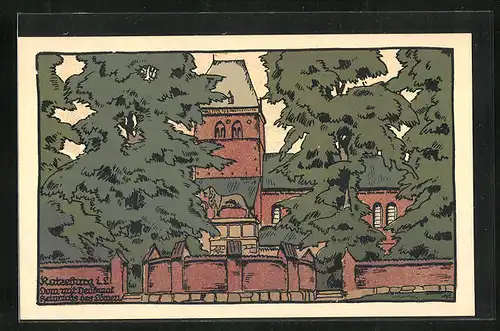 Steindruck-AK Ratzeburg i. L., Dom mit Denkmal Heinrichs des Löwen