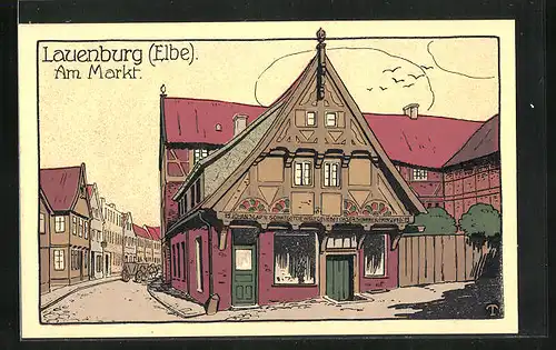 Steindruck-AK Lauenburg, Altes Haus am MArkt
