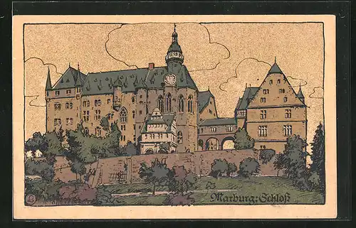 Steindruck-AK Marburg, Totalansicht vom Schloss
