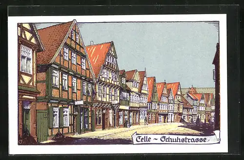 Steindruck-AK Celle, Schuhstrasse mit Fachwerkhäusern