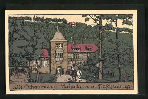 Steindruck-AK Rinteln, Schaumburg-Archivturm mit Paschenburg