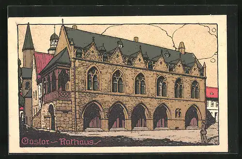 Steindruck-AK Goslar, Darstellung vom Rathaus