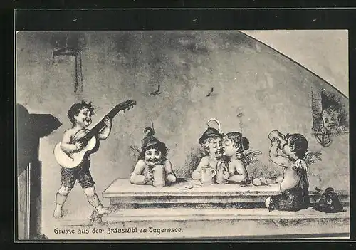 Künstler-AK Tegernsee, Gasthaus Bräustübl, Trinkende und musizierende Engel
