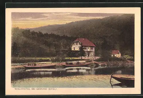 AK Gemünd /Eifel, Waldhotel mit Fluss und Booten