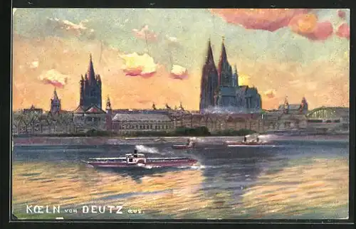 Künstler-AK Köln, Stadtansicht mit Dom und Dampfer