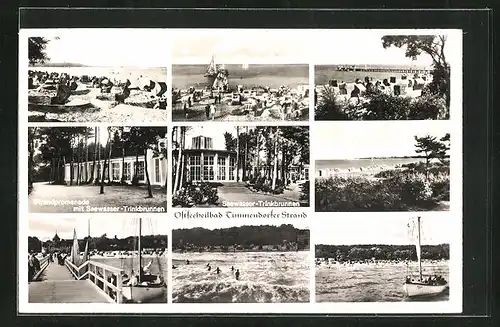 AK Timmendorfer Strand, Strandpromenade mit Seewasser-Trinkbrunnen, Bootssteg, Badestrand