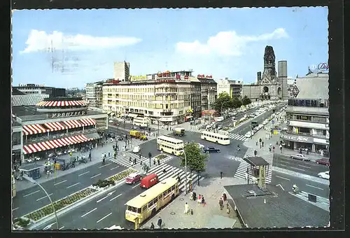 AK Berlin, Kranzlerecke Kurfürstendamm Ecke Joachimstaler Strasse mit Geschäften und Bussen