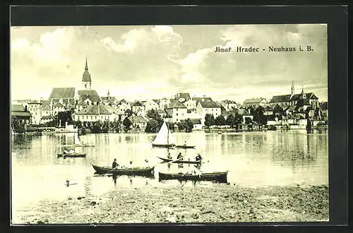 AK Neuhaus / Jindrichuv Hradec, Ruderer vor der Stadt