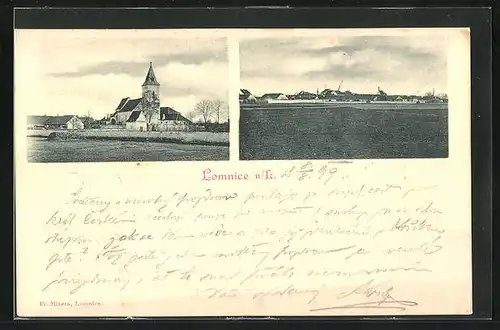 AK Lomnice n. L., Kirche und Panorama des Ortes