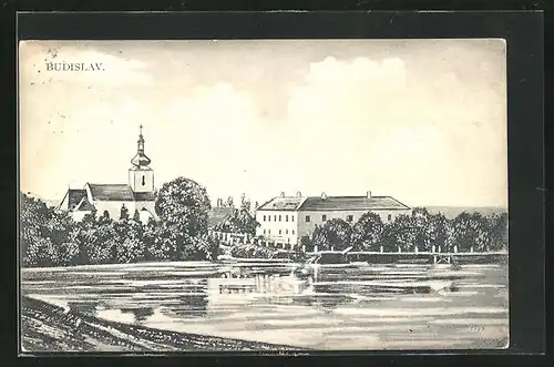 Künstler-AK Budislav, Partie am Fluss mit Kirche