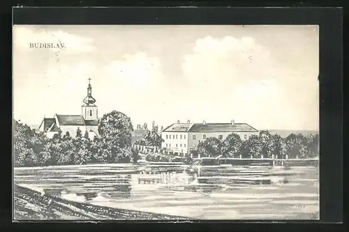 AK Budislav, Partie am Fluss mit Kirche