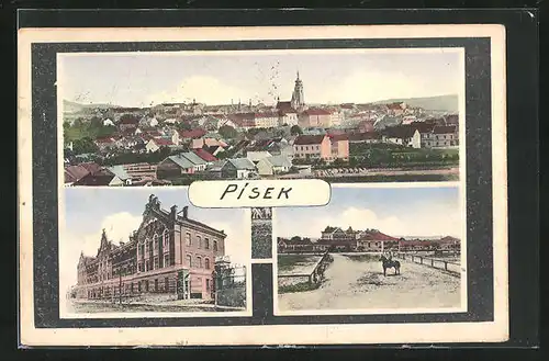 AK Pisek, Rathaus, Gesamtansicht, Strassenpartie