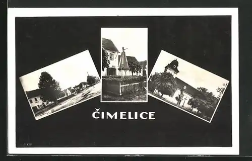 AK Cimelice, Denkmal, Kirche, Marktplatz