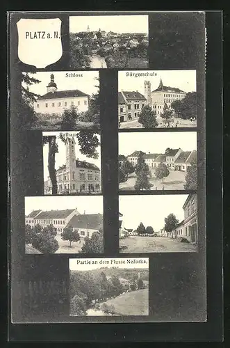 AK Platz a. N., Bürgerschule, Rathaus, Partie an dem Fluss Nezarka