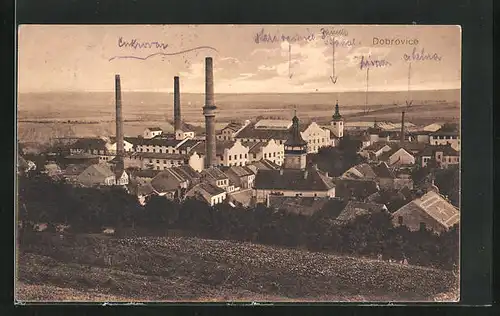 AK Dobrovice, Fabrikgelände am Stadtrand